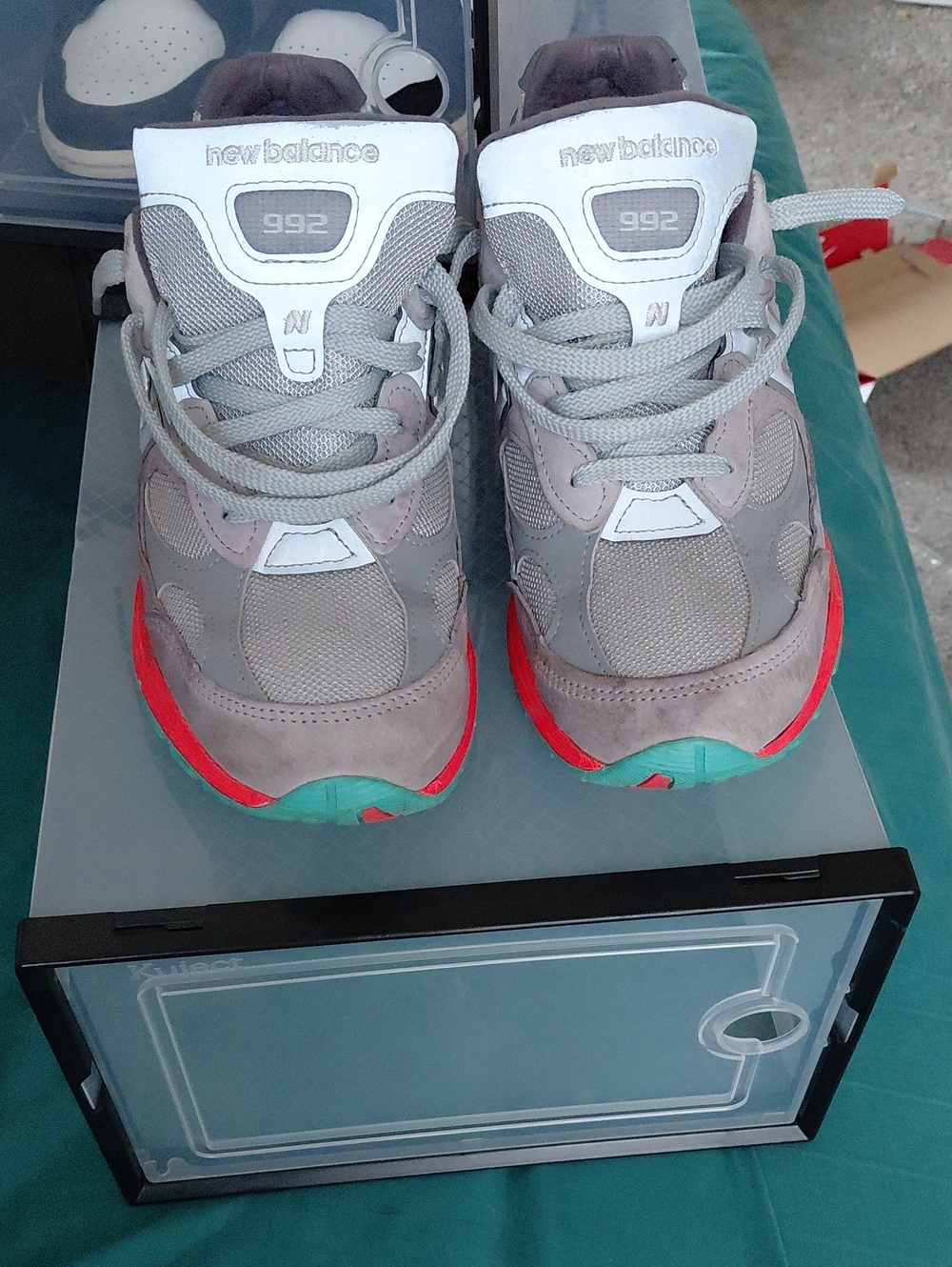 New Balance Mens 992 Gray with Red & Teal Accent Sneakers